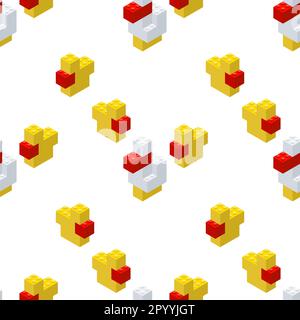 Duck family pattern assembled from plastic blocks in isometric style for printing and decoration. Vector illustration. Stock Vector