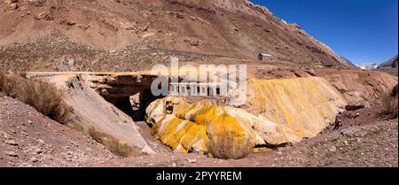 Scenic crossing Puente Del Inca Inca Bridge in Mendoza Andes Tour to Aconcagua called Alta Montana. Stock Photo