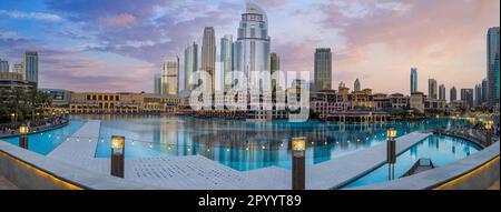UAE, Dubai panoramic view of city downtown, Dubai Mall and Dubai Fountain. Stock Photo
