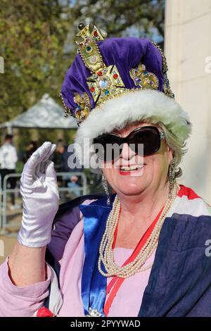 London, UK. 5th May, 2023. Crowds of Royal Family supporters camping on the Mall ahead of the Coronation of King Charles III, in London, wearing red, white and blue patriotic clothing Credit: Paul Brown/Alamy Live News Stock Photo