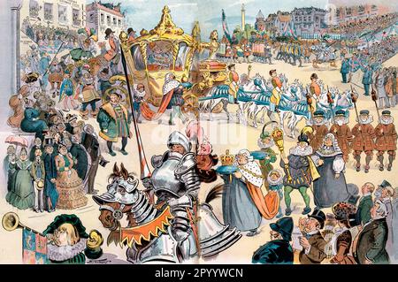 The greatest show on earth now in London - Illustration shows the procession for the coronation of Edward VII, King of Great Britain; many of those participating in the pageantry are wearing medieval costume, 1902 Stock Photo