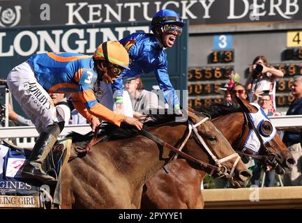 Louisville, United States. 05th May, 2023. Tyler Gaffalione on Pretty Mischievous, celebrates as he crosses the finish line ahead of Gambling Girl, ridden by Brad Ortiz, Jr., to win the 149th running of the Kentucky Oaks at Churchill Downs in Louisville, Kentucky on Friday, May 5, 2023. Photo by Mark Abraham/UPI Credit: UPI/Alamy Live News Stock Photo