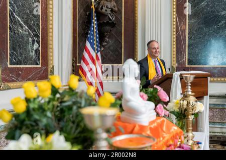 Washington, United States Of America. 05th May, 2023. Washington, United States of America. 05 May, 2023. U.S Second Gentleman Doug Emhoff, hosts a Vesak Day celebration at Eisenhower Executive Office Building of the White House, May 5, 2022 in Washington, DC Vesak Day commemorates the Buddha's birth, death and enlightenment and celebrated by 250 million Buddhists worldwide. Credit: Lawrence Jackson/White House Photo/Alamy Live News Stock Photo