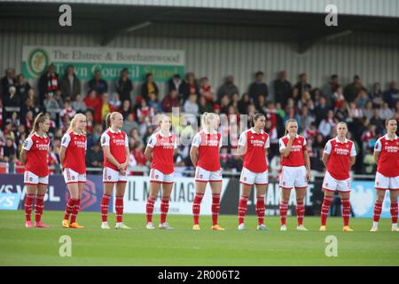 London, UK. 05th May, 2023. London, England, May 5th 2023: Arsenal players listening to the national anthem prior to the the FA Women's Super League match between Arsenal and Leicester City at Meadow Park in London, England. (Alexander Canillas/SPP) Credit: SPP Sport Press Photo. /Alamy Live News Stock Photo