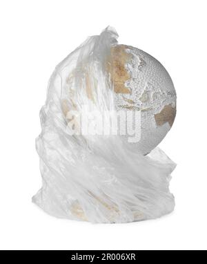 Globe in plastic bag isolated on white. Environmental protection concept Stock Photo