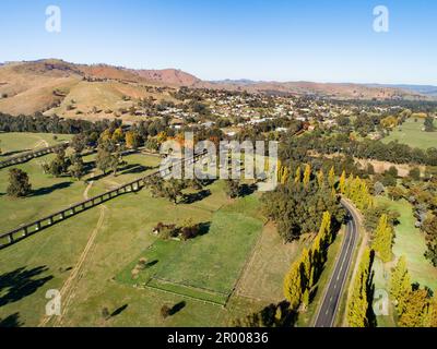 Aerial view of road and old historic railway bridge and autumn tree lined road in Gundagai Stock Photo