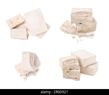 Set with blocks of compressed yeast on white background Stock Photo