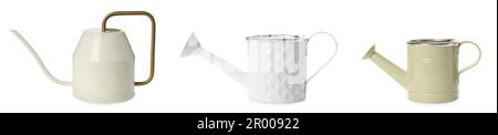 Set with different watering cans on white background. Banner design Stock Photo
