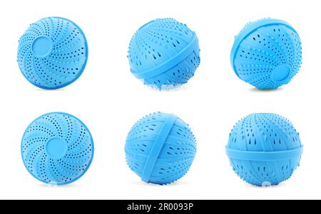Set with dryer balls for washing machine on white background Stock Photo