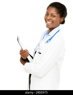 The friendliest doctor in town. Studio shot of a confident young doctor posing against a white background. Stock Photo