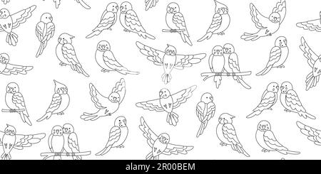 Flying Parrot tropical outline doodle seamless pattern. Exotic birds repeat line ornament background. Summer funny design parrots wallpaper textile fabric, endless packaging, boundless vector decor Stock Vector