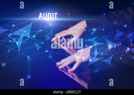 Businessman touching huge screen concept Stock Photo
