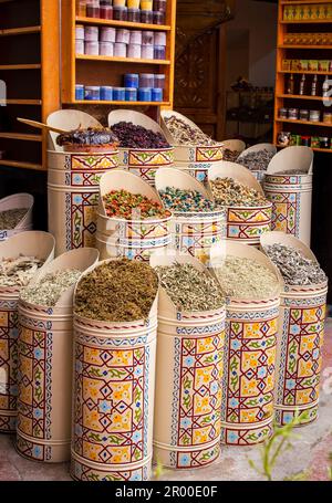 Colourful dried herbs and flowers in Marrakech medina souks Stock Photo