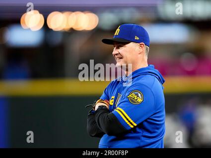 Seattle Mariners manager Scott Servais looks on in a City Connect hooded  sweatshirt before a baseball game against the Houston Astros, Friday, May  5, 2023, in Seattle. (AP Photo/Lindsey Wasson Stock Photo 