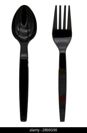 Black plastic spoon and fork isolated on white background Stock Photo