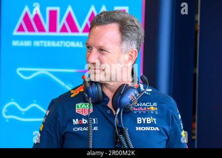 5th May 2023: Miami International Autodrome, Miami Gardens, Florida, USA: Formula 1 Crypto.com Miami Grand Prix 2023: Free Practice Day: Oracle Red Bull Racing team principle Christian Horner in the garage during a practice session. Stock Photo