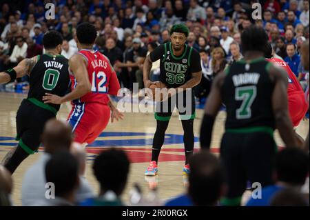 PHILADELPHIA,PA - MAY 5: Marcus Smart #36 of the Celtics looks on to pass the ball during the Round 2 Game 3 of the Eastern Conference Semi-Finals 2023 NBA Playoffs between Boston Celtics and Philadelphia 76ers on May 5, 2023 at the Wells Fargo Center in Philadelphia, PA. (Photo by Stephen Nadler/PxImages) Stock Photo