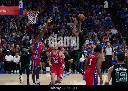 PHILADELPHIA,PA - MAY 5: Marcus Smart #36 of the Celtics shoots the ball during the Round 2 Game 3 of the Eastern Conference Semi-Finals 2023 NBA Playoffs between Boston Celtics and Philadelphia 76ers on May 5, 2023 at the Wells Fargo Center in Philadelphia, PA. (Photo by Stephen Nadler/PxImages) Stock Photo