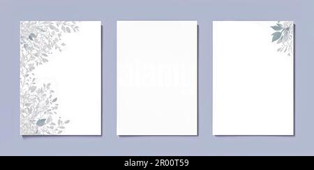 Three empty white vertical rectangle poster mockups with pattern and soft shadows on neutral light grey concrete wall background. Three Poster on grey Stock Photo