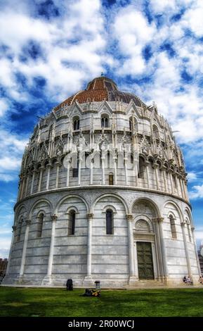 italy , Pisa, 30 -04-2023 : LANDSCAPE Piazza del Duomo with fanous cathedral and tilting tower. Pisa, Italy Stock Photo