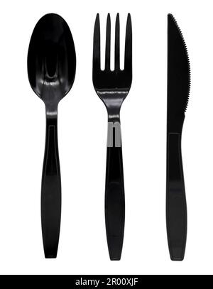 Black plastic spoon fork and knife isolated on white background Stock Photo