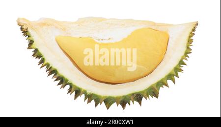 Durian fruit cut in half isolated on white background. Stock Photo