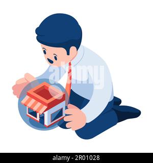 Flat 3d Isometric Businessman Holding and Protect His Business. Business Protection Concept. Stock Vector