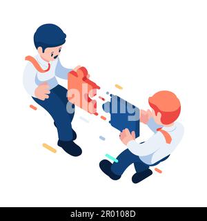 Flat 3d Isometric Businessman Connecting Jigsaw Puzzle with Team. Teamwork and Business Partnership Concept. Stock Vector