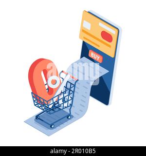 Flat 3d Isometric Online Shopping with Zero Percent Interest Installment Payments. Zero Percent Interest Installment Plan Concept. Stock Vector