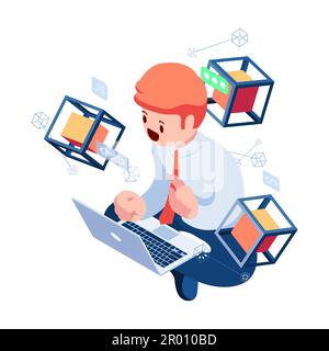 Flat 3d Isometric Businessman Programming Script with Blockchain Technology. Blockchain Programming and Development Concept. Stock Vector