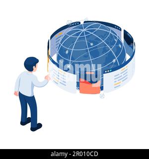 Flat 3d Isometric Businessman Surfing Webpage Around The World. Web 3.0 Technology Concept. Stock Vector