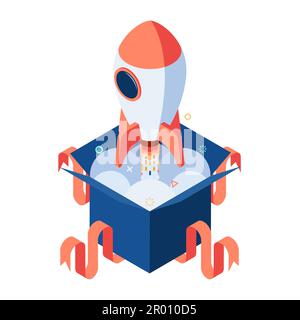 Flat 3d Isometric Rocket Launch from The Opening Box. Start Up Business Concept. Stock Vector
