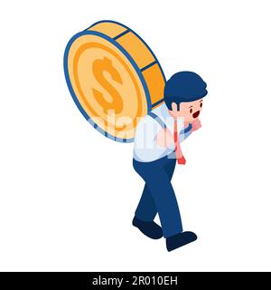 Flat 3d Isometric Businessman Carry Money and Going Forward. Finance effort and Debt Concept. Stock Vector