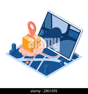 Flat 3d Isometric Hand Delivering Parcel Box on Map with GPS Navigation Pin. Delivery and Tracking Service Concept. Stock Vector