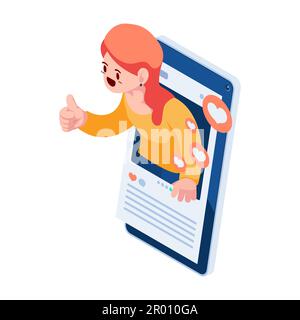 Flat 3d Isometric Woman Showing Thumbs Up Sign inside Social Media Application. Social Media Influencer Marketing and Online Communication Stock Vector