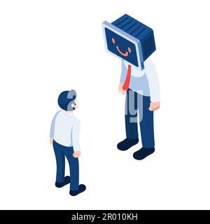 Flat 3d Isometric Businessman Staring Man with Monitor Head. Propaganda and Mass Media Addiction Concept. Stock Vector