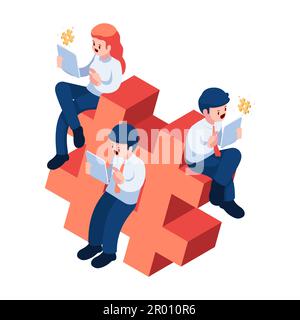 Flat 3d Isometric People Surfing the Social Networks on Hashtag. Social Media Hashtag Marketing and Advertising Concept Stock Vector