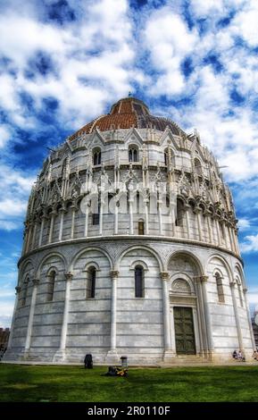 italy , Pisa, 30 -04-2023 : LANDSCAPE Piazza del Duomo with fanous cathedral and tilting tower. Pisa, Italy Stock Photo