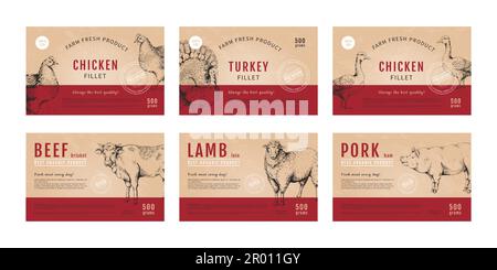 Meat package. Chicken and turkey, beef lamb and pork label, farm food design. Craft butcher icon, card layout or sticker. Packaging design with text a Stock Vector