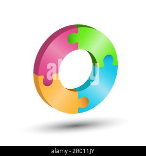 The circle consists of 4 puzzle pieces. 3d illustration for creative ideas and creative design. Volumetric style Stock Vector