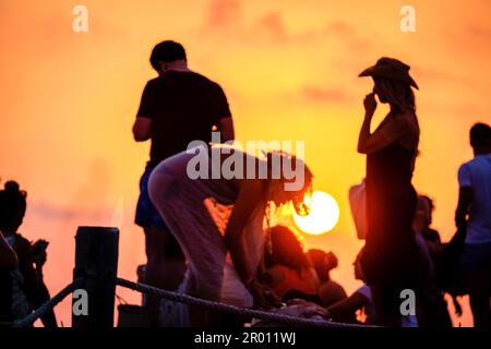 puesta de sol en El Pirata Bus, Playa de Migjorn, Formentera, balearic islands, Spain Stock Photo