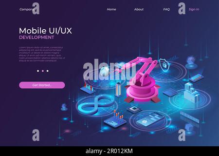 DevOps. AI technology. Digital isometric UI UX factory landing page. Mobile phone and laptop connection. Assembling robot and glowing devices in night Stock Vector