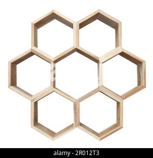 Wooden hexagonal shelf isolated on white background Stock Photo