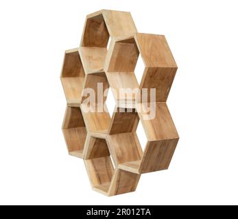 Wooden hexagonal shelf isolated on white background Stock Photo