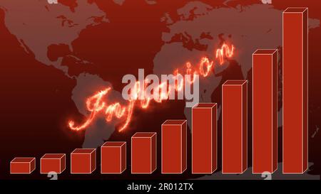 INFLATION - flamed lettering over business growth bar graph on blurred world map background - 3D Illustration Stock Photo