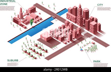 Isometric city. 3D business map with districts zone. Modern buildings and highways. Urban plan. Streets and plants. Suburb houses. Downtown skyscraper Stock Vector