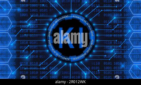 Artificial intelligence (in german Kuenstliche Intelligenz) KI lettering - abstract background of 4-digit binary code Stock Photo