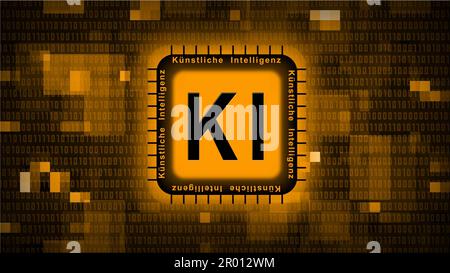 Artificial intelligence (in german Kuenstliche Intelligenz) KI lettering on chip - orange abstract background of blurred binary code Stock Photo