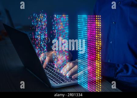 Big data analysed with AI technology for business analytics. Getting insights from data mining, filtering, sorting, clustering. Data scientist working Stock Photo