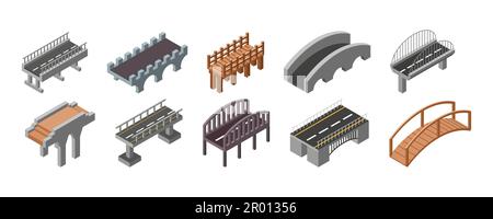 3D isometric road. Bridge construction. River footbridge. Concrete viaduct rail in perspective. Wooden or stone. Drawbridge with asphalt carriageway. Stock Vector
